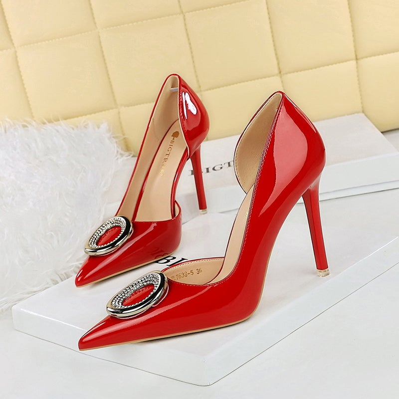 638-K61 Style Nightclub Stiletto Ultra-High Heel Glossy Patent Leather Side Cut Out Metal Rhinestone Buckle Shoes - Image 2